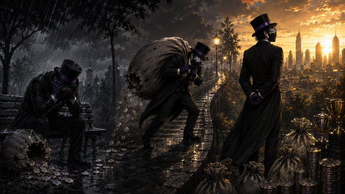 Three masked figures in formal Victorian attire carry heavy bags of coins and trophies: one slumped on a bench in the rain, another hauling a bag of silver, and a refined gentleman surrounded by stashes of gold and valuables beside a gleaming city skyline. The image visually reinforces the post's theme of custodial vs. non-custodial wallets by depicting the risks of entrusting assets to others—suggesting the importance of users maintaining control over their own private keys rather than leaving valuables in someone else's hands.