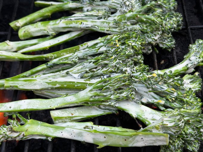 Broccolini or similar long-stemmed green vegetables are arranged on a grill, coated with oil or moisture and showing charred marks from cooking.