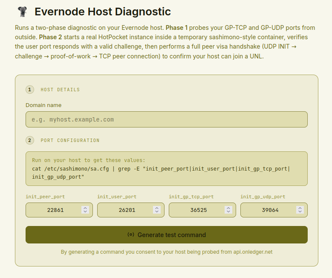 The image features a screenshot of a screen with a list of instructions or a form that a user must fill out for a host test, specifically designed by @EvernodeXRPL. It appears as though the person filling this form may be unfamiliar with all the different port settings required to make a host work properly on the @EvernodeXRPL network. The image also contains text about running a host and verifying if the host conforms to specific port configurations, which might suggest that there is some sort of challenge or problem related to the setup.