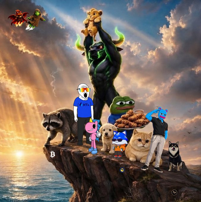 A surreal digital collage featuring various meme characters, animals (raccoon, puppy, cat, dog), and a demonic bull figure gathered on a rocky cliff overlooking the ocean at sunset.