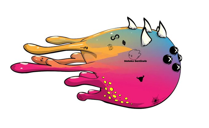A colorful, blob-like creature with rainbow gradient coloring, spikes, and "Motoko Sentinels" text branded on it represents a Microbo NFT from the Motoko Sentinels collection being promoted in the post.