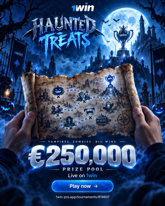 A Halloween-themed promotional poster for 1win titled 'HAUNTED TREATS' advertises a €250,000 prize pool tournament with text 'VAMPIRES. ZOMBIES. BIG WINS.' and a Play Now button.