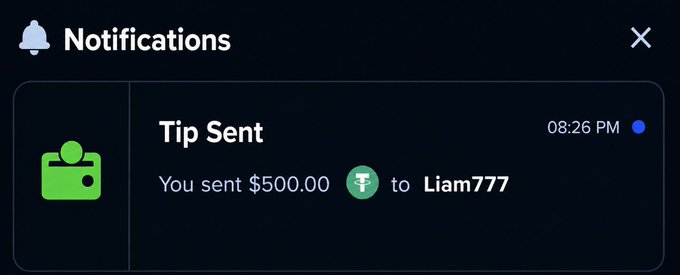 A notification from a social media or tipping platform showing that "You sent $500.00 to Liam777" at 08:26 PM, labeled as a "Tip Sent" alert. This serves as visual confirmation of the $500 tip mentioned in the post, directed to a lucky follower.