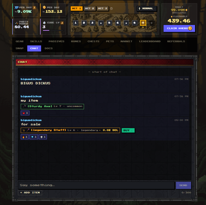 A screenshot of the SolHeroes in-game chat interface showing user "bigusdickus" advertising a "[Sturdy Axe] Lv 7 - uncommon" and a "[legendary Staff] Lv 6 - legendary" for 0.02 SOL, demonstrating the new in-game chat marketplace feature mentioned in the post that allows players to link items for sale directly in chat to avoid scam bots on Discord.