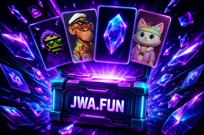 A vibrant promotional image for JWA.FUN featuring an open glowing purple treasure chest with cards displaying a pixel art character, a Bored Ape-style monkey, and a white cat above it.