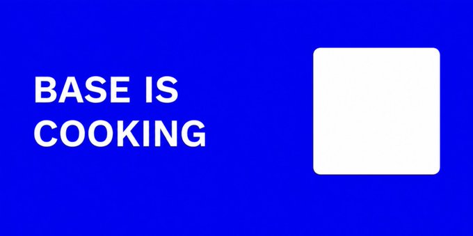 The image features a blue square with white text that reads "Base Is Cooking" written in bold letters, positioned centrally within the frame. The background of the image is gray, providing a neutral backdrop for the vibrant blue square.