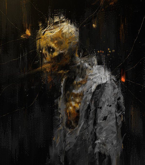 A dark, painterly portrait of a skeletal figure with a glowing skull-like face draped in textured gray robes against a shadowy background.