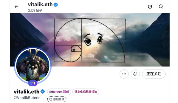 The image features a social media post with a graphic design of a face drawn using a spiral pattern, which appears to be a part of a larger image or artwork. The post includes text that reads "VitalikButerin" and "@VitalikButerin". This indicates the creator's name and possibly their role in the social media platform.