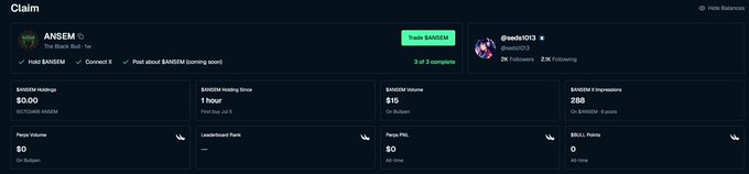 Dark dashboard interface titled 'Claim' showing a profile for 'ANSEM' with trade status, follower stats, and sections for Volume, Drive, Deposits, and other metrics.