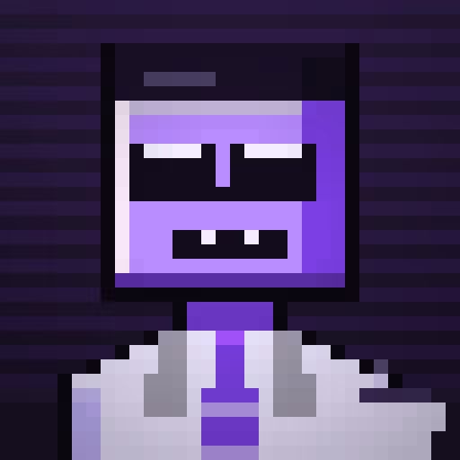 A pixel art illustration of a purple-skinned figure wearing sunglasses and a white lab coat against a dark striped background.