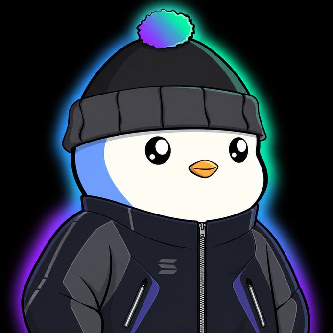 A cartoon penguin wearing a black beanie and puffer jacket is depicted with a glowing blue-green-purple neon aura. The character represents Pudgy Penguins, shown as a friend of Solana in the accompanying post about their partnership.