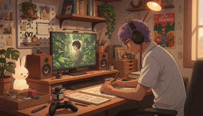 An anime-style illustration depicts a person with purple hair and headphones sitting at a desk, drawing in a sketchbook while looking at a computer monitor.