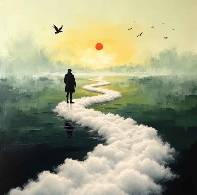 A solitary figure stands at the edge of a cloud path winding over water toward a distant red sun, evoking the irreversible moment of crossing a threshold. The misty, dreamlike scene mirrors the post's theme of "The Point of No Return," symbolizing the irrevocable journey forward where retreat becomes impossible.