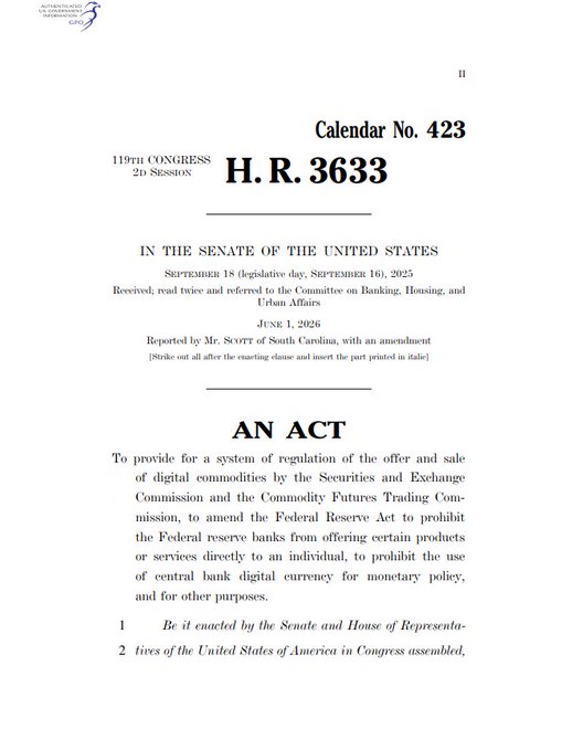 The first page of U.S. Senate Calendar No. 423, H.R. 3633, an Act to provide for regulation of digital commodities by the SEC and CFTC, received September 16, 2025.