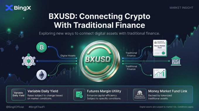 A BingX Market Insight slide titled “BXUSD: Connecting Crypto With Traditional Finance” describes BXUSD as linking digital assets with traditional finance. Lower panels list “Variable Daily Yield,” “Futures Margin Utility,” and “Money Market Fund Link,” with “©BingXOfficial” and “#BingXTradFi” visible.