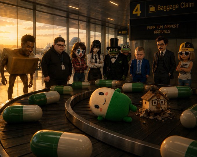 A stylized scene at 'PUMP FUN AIRPORT ARRIVALS' baggage claim featuring various characters watching a conveyor belt carrying green-and-white capsules and a plush figure.