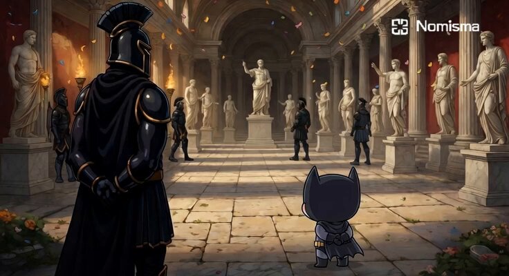 The image features a cartoon scene with a man dressed as a knight standing next to a small cat, both facing each other. The background of the image shows several statues or figures scattered throughout the room, which could be part of an art installation or a museum display. The caption provided in the image seems unrelated and does not provide any context about the content of the scene.