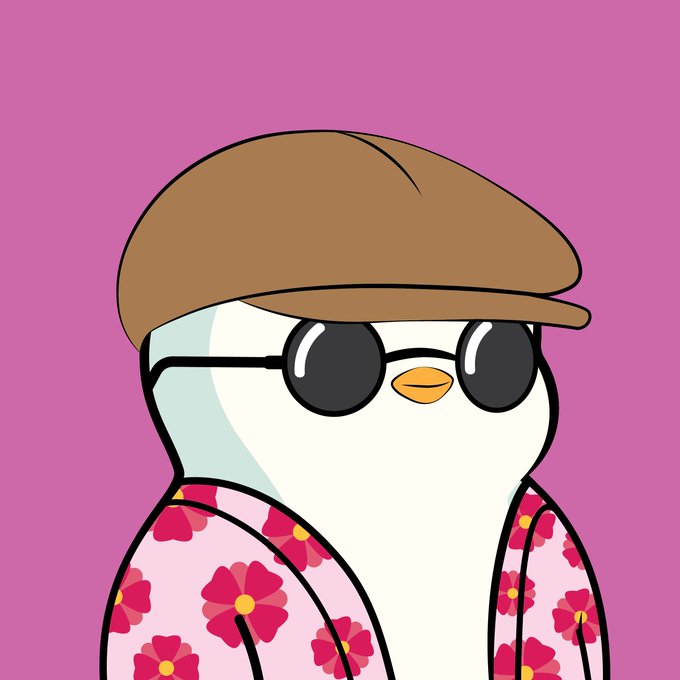 A cartoon illustration of a white bird-like character wearing a brown flat cap, black sunglasses, and a pink floral shirt against a pink background.