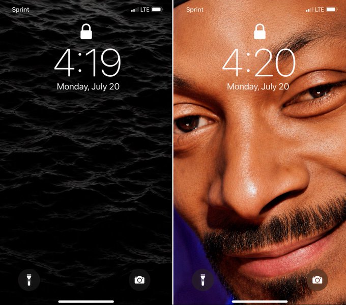 Two iPhone lock screens side by side: the left shows 4:19 Monday, July 20 with a dark wave wallpaper, and the right shows 4:20 Monday, July 20 featuring a close-up of a man's face.
