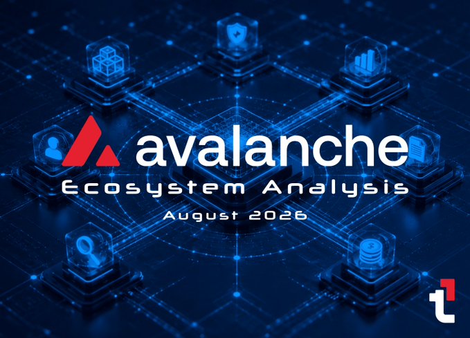A promotional graphic reading 'avalanche Ecosystem Analysis August 2026' set against a blue, futuristic network background with floating icons.
