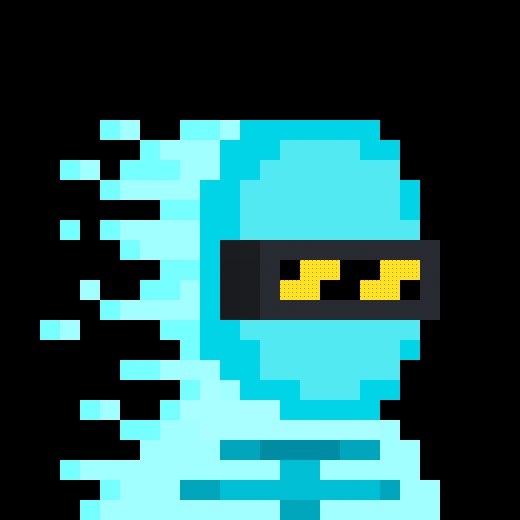 Pixel art of a cyan ghost-like figure wearing sunglasses with yellow pixelated eyes against a black background.