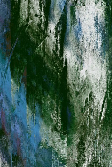 An abstract composition of vertical brushstrokes and washes in dark green, blue, white, and black, with a heavily textured surface.