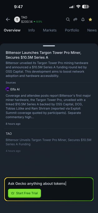 A Yahoo Finance page displays TAO at $200.14 with news coverage of Bittensor launching the Targon Tower Pro Miner and securing $10.5M in Series A funding led by OSS Capital, DCG, and others, aligning with the post announcing dedicated mining hardware availability for retail purchase.