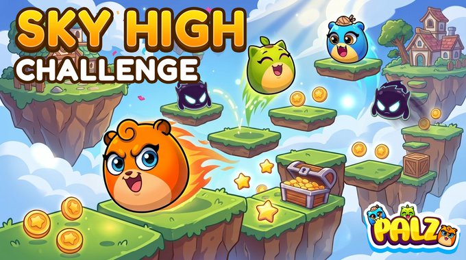 A colorful promotional graphic for the game 'SKY HIGH CHALLENGE' featuring cute cartoon characters like a bear, green blob, and shadow creatures on floating platforms, with the 'PALZ' logo in the corner.