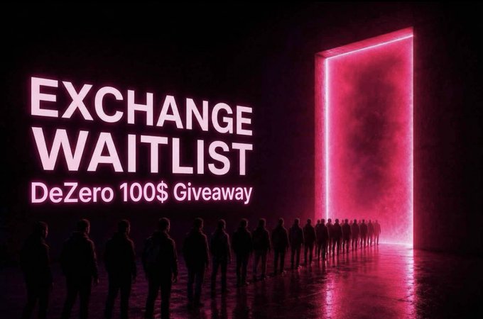 Silhouettes of people queue toward a glowing pink portal beneath the text "EXCHANGE WAITLIST – DeZero 100$ Giveaway," promoting a $100 USDT giveaway that requires liking, retweeting, joining the waitlist, and submitting proof within 24 hours via the DeZero link.