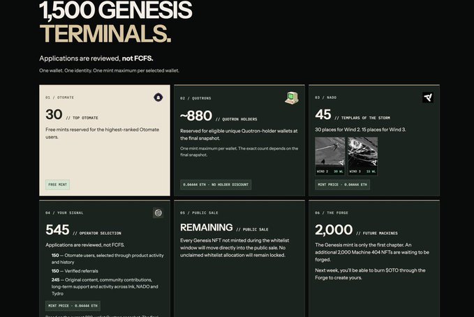 A dark webpage displaying '1,500 GENESIS TERMINALS' with tiered application categories including Otomate, Quotrans, Nado, Your Signal, Public Sale, and The Forge with various mint prices in ETH.