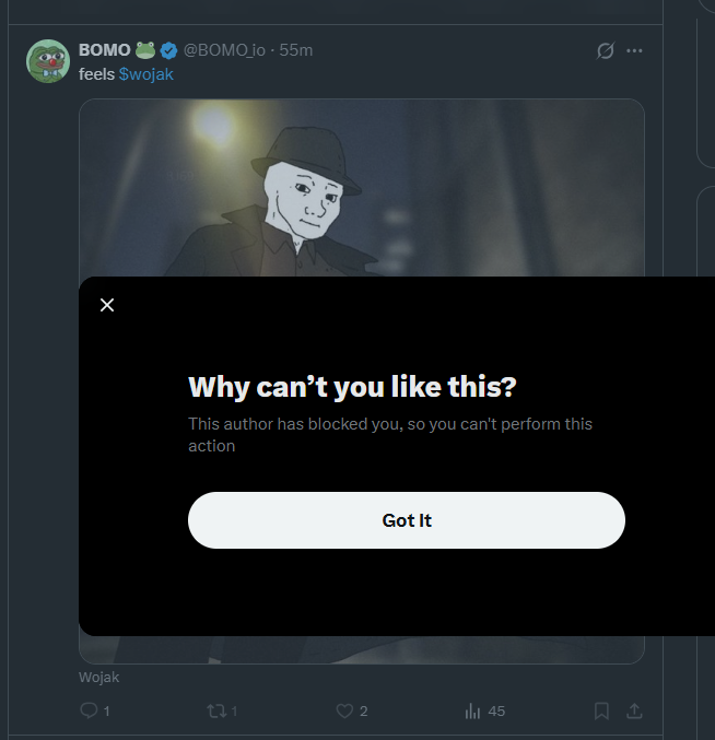 A screenshot shows a tweet from user @BOMO_io with a Wojak meme, but a pop-up overlay reads "Why can't you like this? This author has blocked you, so you can't perform this action," highlighting the poster's frustration at being blocked from engaging with BOMO's tweet despite wanting to like the Wojak post.