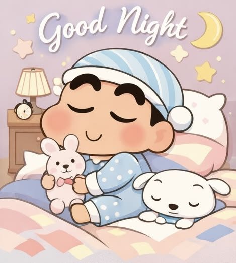 Cute cartoon illustration with 'Good Night' text, showing a sleeping child in blue pajamas holding a bunny plush, accompanied by a sleeping puppy, with stars and a crescent moon in the background.