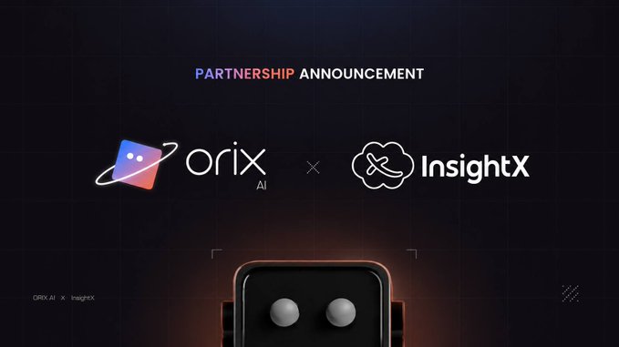 A dark-themed partnership announcement graphic displays the text "PARTNERSHIP ANNOUNCEMENT" alongside the Orix AI and InsightX logos joined by an "X," with a small robot character peeking up from the bottom—visually reinforcing the collaboration between the AI platform Orix and the AI-native InfoFi prediction market InsightX described in the post.