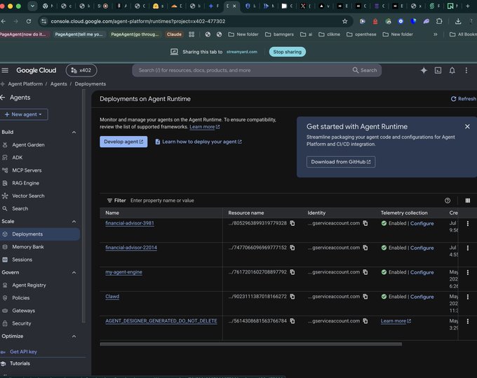 Google Cloud Agent Platform / Agents / Deployments console showing a list of deployed agents including financial-advisor-3981, financial-advisor-27014, my-agent-engine, and Clawd.