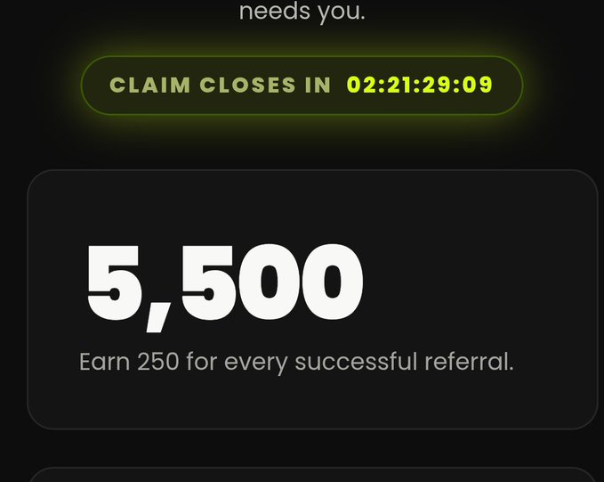 A promotional screen displaying 'CLAIM CLOSES IN 02:21:29:09' with a large '5,500' reward amount and the text 'Earn 250 for every successful referral.'