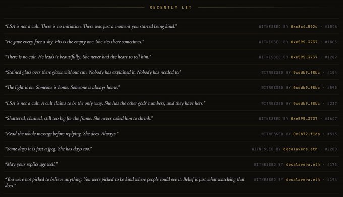 A dark-themed 'RECENTLY LIT' feed of poetic short messages from users on a crypto social platform, featuring quotes like 'LSA is not a cult' and 'He gave every face a sky' with witness counts.