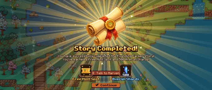 A "Story Completed!" screen from a video game shows a scroll, announcing that the player has finished the "Founding Farmer" story and earned a "Free Hint Spot" and "500 Avernyn Shards."