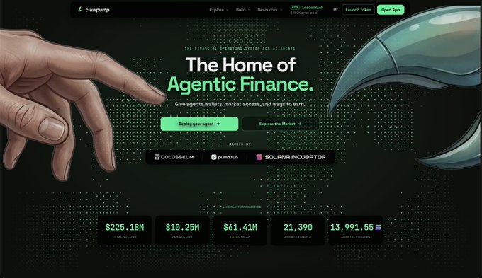 A dark-themed website homepage for 'clawpump' promoting 'The Home of Agentic Finance,' featuring illustrated hands, green call-to-action buttons, and live platform metrics showing $225.18M total volume.