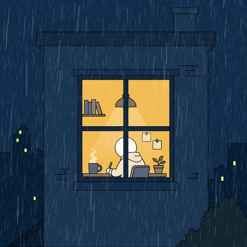 The image features a man sitting at his desk inside an office building with a window that shows rain outside. The man appears to be working or studying, as he has a laptop open before him. The scene suggests that the man might be experiencing a rainy day while indoors and is trying to stay productive despite the weather conditions.