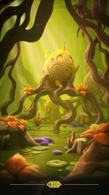 A mystical swamp scene featuring a large, ornate egg-like creature with golden spots and twisting root-like legs, surrounded by lily pads, glowing flowers, and gnarled tree roots bathed in emerald green light, with "KODAs" visible at the bottom—perfectly capturing the primordial Bog environment where other Otherside landscapes originate.