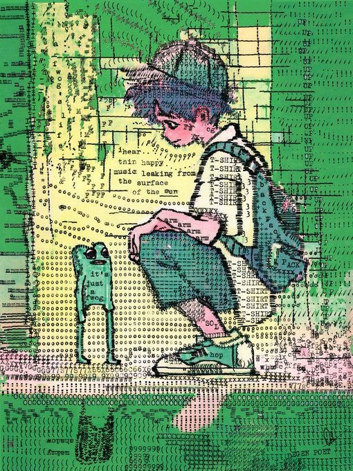 A mixed-media style artwork featuring a boy in a baseball cap and backpack interacting with a small frog, overlaid on a green background with technical grid markings and text snippets like 'I hear... their happy music...'.