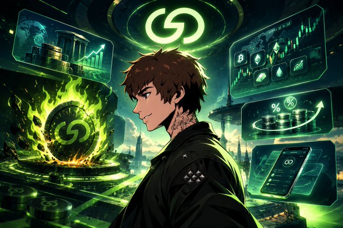 An anime-style man stands in a green, futuristic finance or crypto-themed control room with glowing charts, coins, a phone display, and a large linked-circle logo.