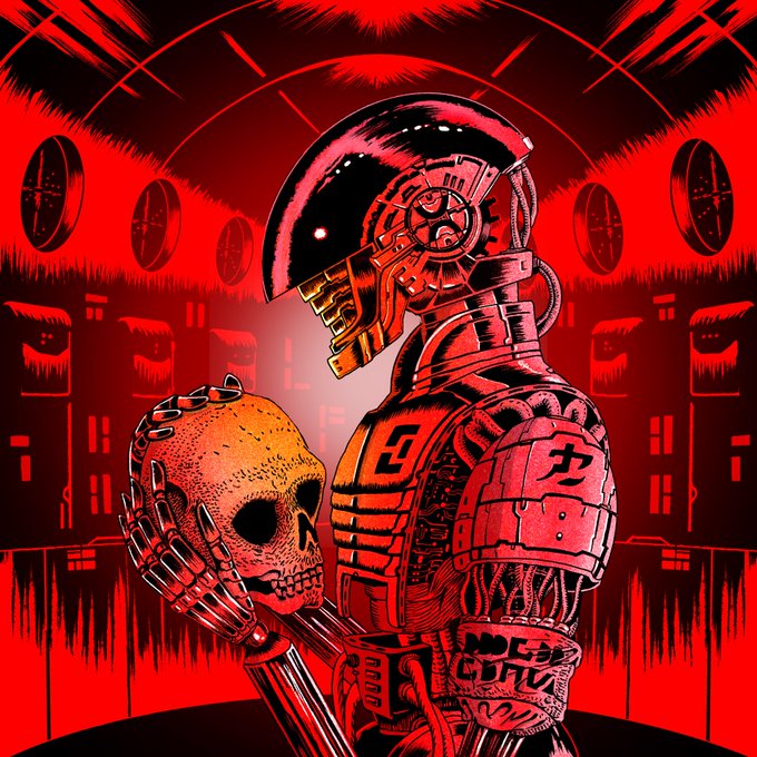 A red and black stylized illustration shows a cyborg or robot in a futuristic, dystopian environment holding a golden skull.