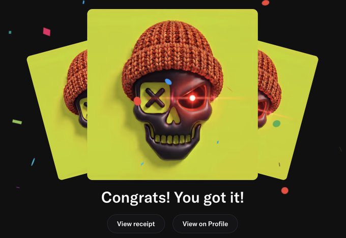 A digital card displaying a skull wearing an orange knit beanie with an X over one eye and a glowing red eye on the other, with confetti and the text 'Congrats! You got it!' along with 'View receipt' and 'View on Profile' buttons.