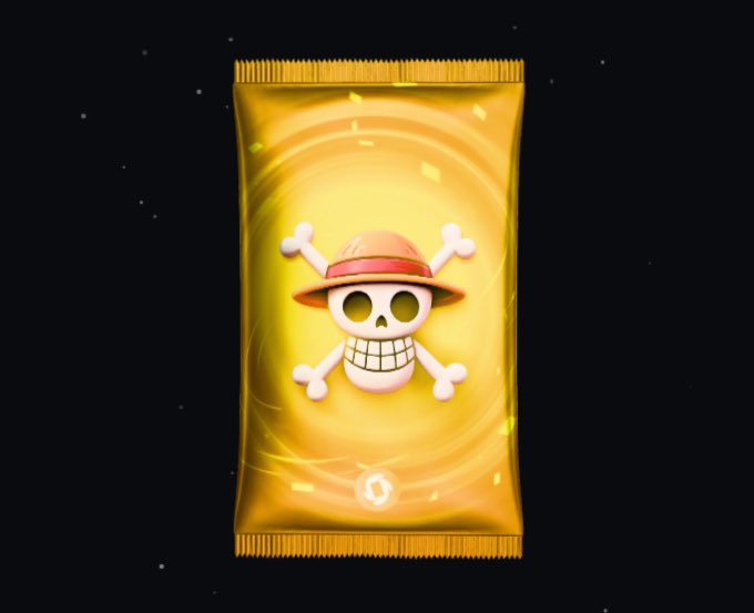 A digital illustration of a golden package or card featuring a skull wearing a straw hat (resembling Luffy from One Piece) with crossbones on a swirling yellow background against a starry black backdrop.