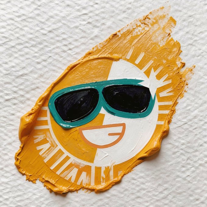 The image features a textured, impasto-style painted sun character wearing teal sunglasses, with no visible text or numbers. This sun icon serves as a visual mascot for the post's promotion of SUN.io, symbolizing financial "sovereignty" and freedom from the watchful "rays" of central bank monitoring described in the accompanying text about escaping digital tracking networks.