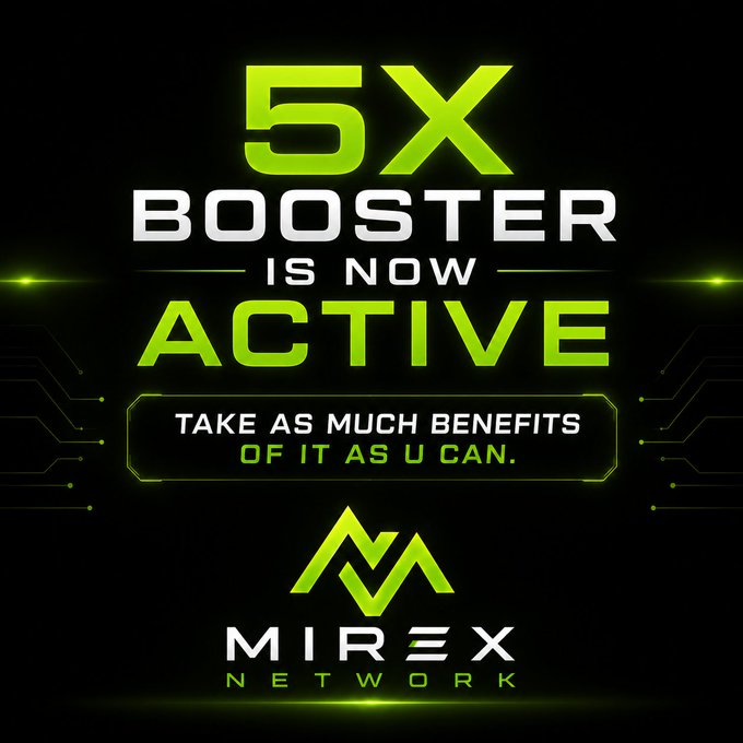 The image is a promotional graphic for the Mirex Network announcing that the "5X BOOSTER IS NOW ACTIVE," with a call to "TAKE AS MUCH BENEFITS OF IT AS U CAN," featuring the Mirex Network logo and a green/black tech-inspired design.

The caption visually reinforces the post by emphasizing the activation of the 5X booster feature with bold text, serving as a striking announcement to encourage users to take advantage of the new earning multiplier for their Lumira coin within the Mirex Network app.