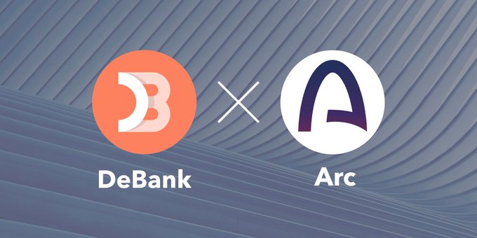 The image features the DeBank and Arc logos side by side with an "×" between them, set against a wavy blue background, visually announcing the integration of the Arc chain into DeBank. The accompanying text highlights Arc's first batch of supported protocols, including Uniswap, Aave, Curve Finance, Aerodrome, DYORSWAP, Merkl, and Morpho.