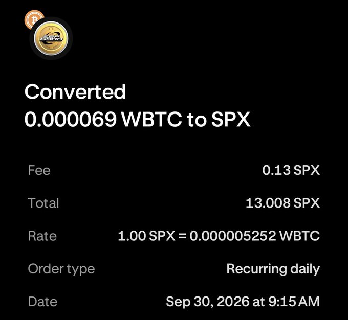 A cryptocurrency conversion confirmation screen showing 'Converted 0.000069 WBTC to SPX' with details including a fee of 0.13 SPX, total of 13.008 SPX, rate of 1.00 SPX = 0.000005252 WBTC, recurring daily order type, dated Sep 30, 2026 at 9:15 AM.