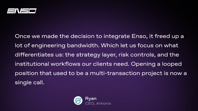 A testimonial slide for Enso featuring a quote from Ryan, CEO of Arkonix, praising how Enso freed up engineering bandwidth.